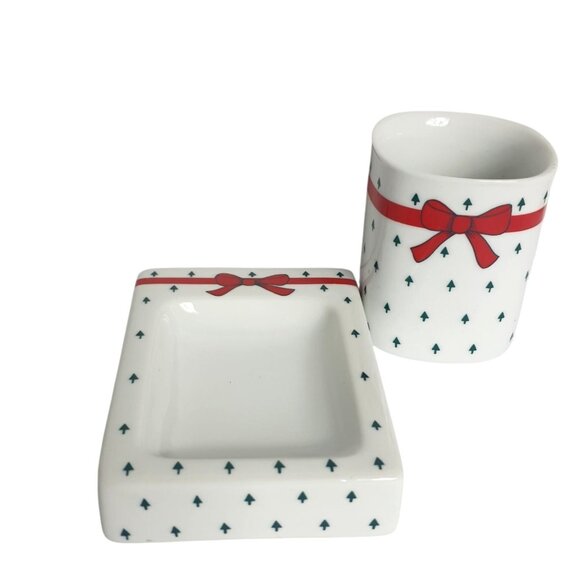 Vtg Christmas Soap Dish Cup Ceramic Set Prestige Japan Tree Red Bow 80s Retro - Picture 3 of 4